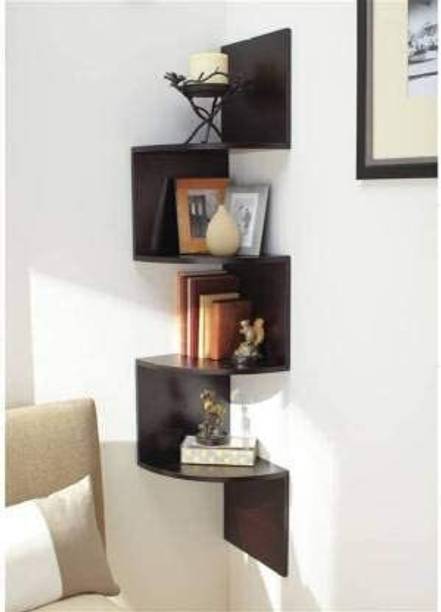 Woodenstores Wooden Zigzag Corner Wall Mount Floating Wall Shelves with Finish 5 Tiers Wooden Wall Shelf