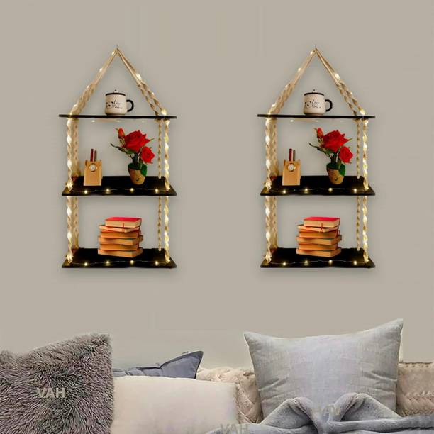 RAKANO Wood Macrema Knotting Rope 3 tier Wall hanging Wall shelf With LED light Wooden Wall Shelf