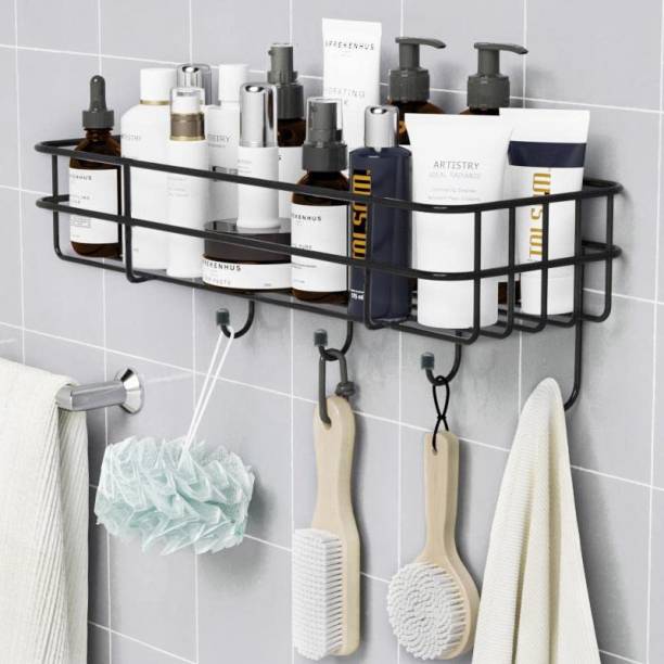 Plantex GI Steel Self-Adhesive Bathroom Shelf with Hooks for Bathroom - Multipurpose Steel Wall Shelf