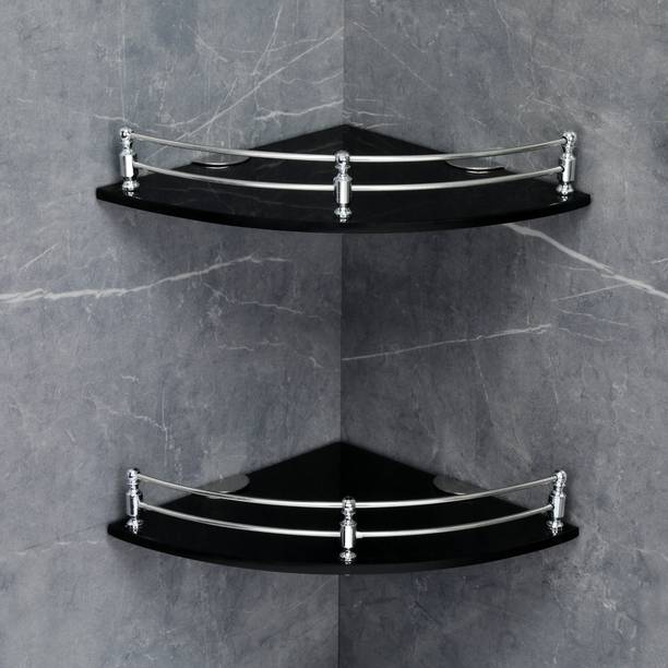 Garbnoire Glass Corner Shelf - Wall Mount Bathroom Accessories (9 x 9 Inch)-(Pack of 2) Glass, Stainless Steel Wall Shelf