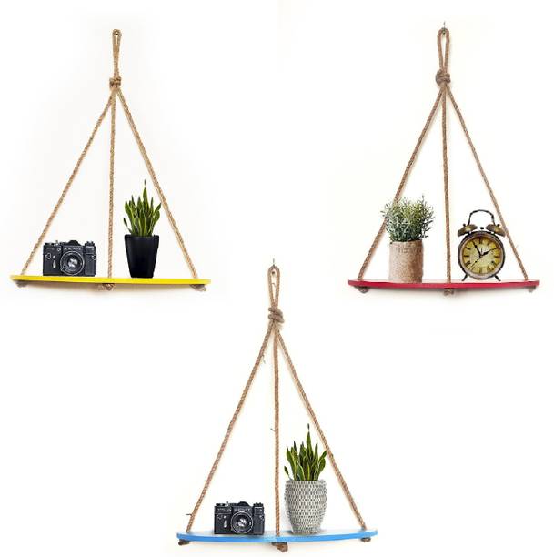 VAH Wall Hanging Shelf, 3 Set of Halfover Design Multi colour Wood Floating Shelves for Wall Rustic Rope Shelves -Wood Hanging Shelf Bohemian Wooden Wall Shelf
