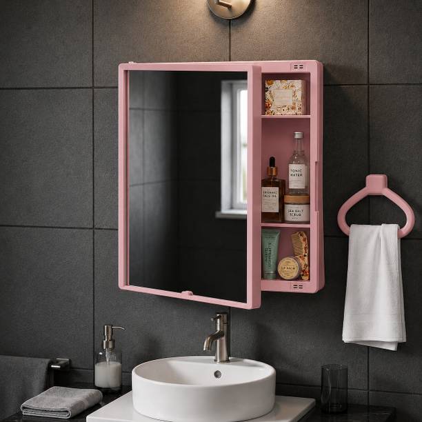 Branco New Rich Look Bathroom mirror Cabinet | 4 Shelves Storage | With Towel Ring | Polypropylene Wall Shelf