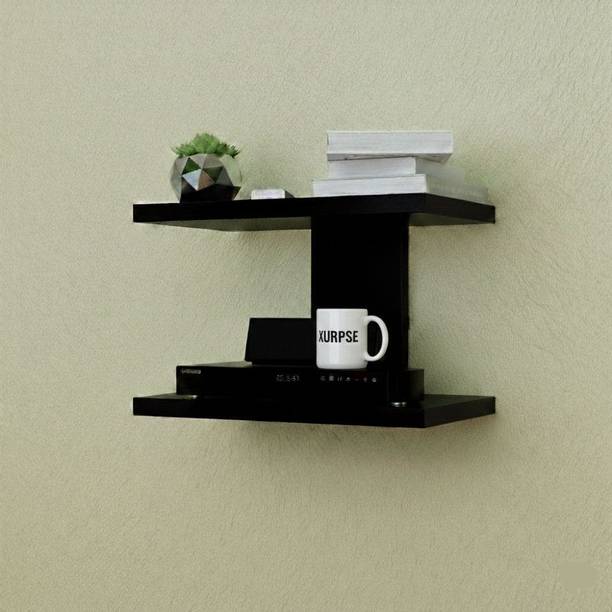 XURPSE 2-Tier Wooden Wall Shelf, Black, Modern Floating Display Rack Wooden Wall Shelf