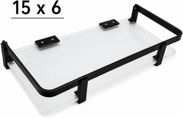 Nammah Enterprise Frosted Glass Shelf 38 x 15 cm Black Stainless Steel Wall Rack Home Decor Storag Stainless Steel, Glass Wall Shelf