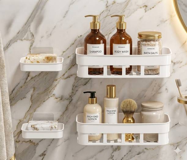 shelves [PACK OF 4] 2 Bathroom Shelf + 2 SOAP HOLDER Plastic Wall Shelf