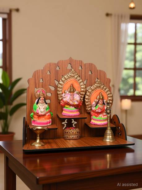 Gojeeva Premium Om Carved Pattern Devghar, Set-Top Box Stand Wooden Mandir Temple(DIY) Wooden Wall Shelf