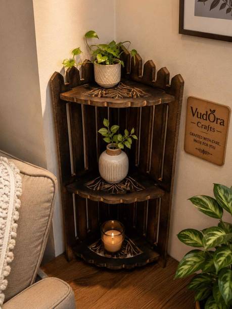 VUDORACRAFTS 3-Tier Wooden Corner Plant Stand – Walnut Brown Wooden Wall Shelf