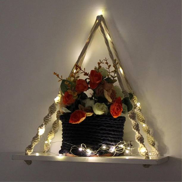 VAH Wood Macrema Knotting Rope 1 tier Wall hanging Wall shelf With LED light Wooden Wall Shelf