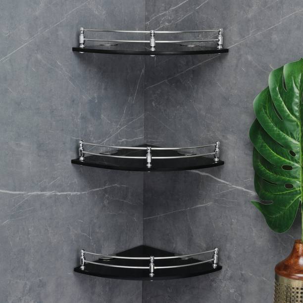 Garbnoire Glass Corner Shelf - Wall Mount Bathroom Accessories (9 x 9 Inch)-(Pack of 3) Glass, Stainless Steel Wall Shelf