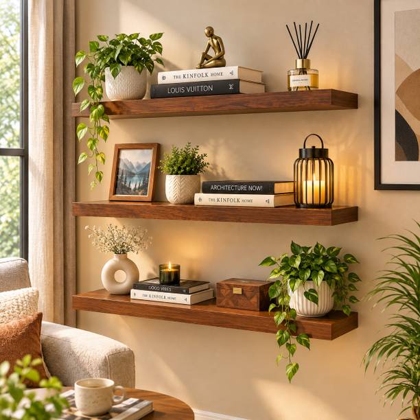 CRAFTBUZZ Wooden Floating Wall Shelf Set of 3 MDF Display Shelves for Home Decor Brown MDF (Medium Density Fiber) Wall Shelf