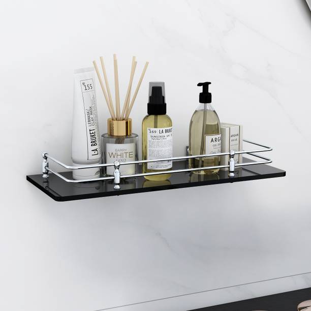 Garbnoire Multipurpose Wall Hung Glass Front Bathroom Shelf with Wall Brackets Glass, Stainless Steel Wall Shelf