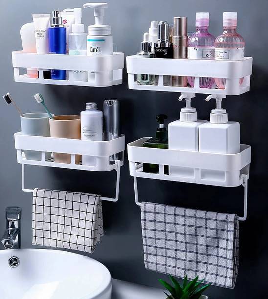 WORA 4 Self Adhesive Wall Shelves With 2 Towel hanger Plastic Wall Shelf