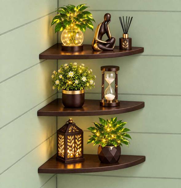 ELITEWALLDECOR WALL MOUNTED BROWN 3 CORNER RACK OF STORAGE AND ORGANIZER Wooden Wall Shelf