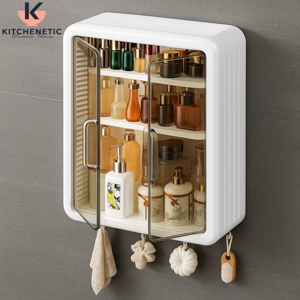 Kitchenetic Wall-Mounted Kitchen/Bathroom Cabinet with Transparent Doors & Hanging Hooks Plastic Wall Shelf