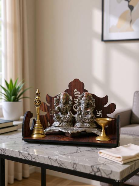Gojeeva Premium Ganesh Ji Carved Pattern Devghar, Set-Top Box Stand Wooden Mandir Temple Wooden Wall Shelf
