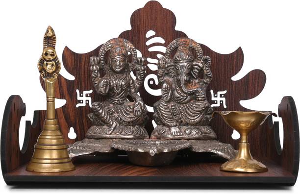 Gojeeva Premium Ganesh Ji Carved Pattern Devghar, Set-Top Box Stand Wooden Mandir Temple Wooden Wall Shelf