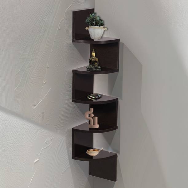 YOVATECHLINE 5-Tier Wooden Zigzag Corner Wall Shelf for Home, Office & Living Room Wooden Wall Shelf