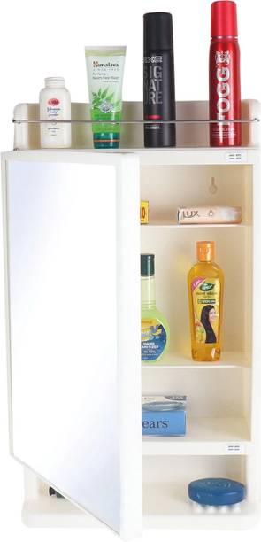 Branco Strong and Heavy Rich Look Storage Cabinet with Mirror(Cream Color) Ivory Polypropylene, Glass Wall Shelf