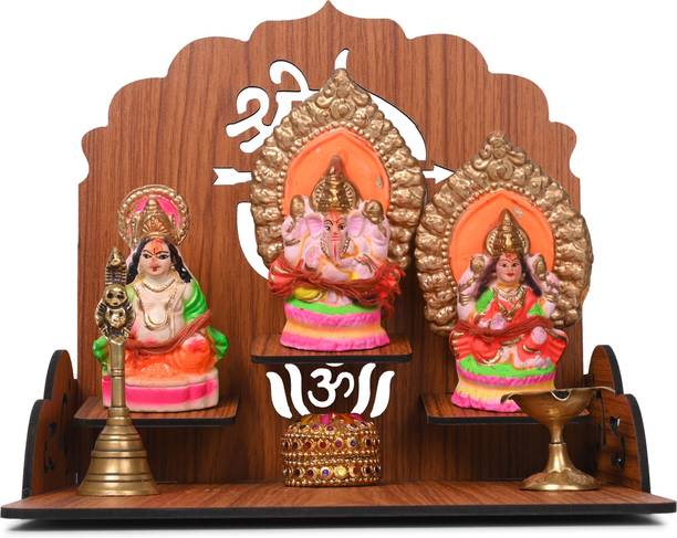 Gojeeva Premium Shree Ram Ayodhya Carved Pattern Home Temple, Mandir, Prayer Shelf(DIY) Wooden Wall Shelf