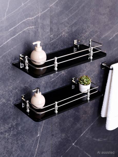 Flipkart SmartBuy Premium Multipurpose Wall Hung Glass Rack, 12 x 6 -inch (Black) Pack of 2 Glass Wall Shelf