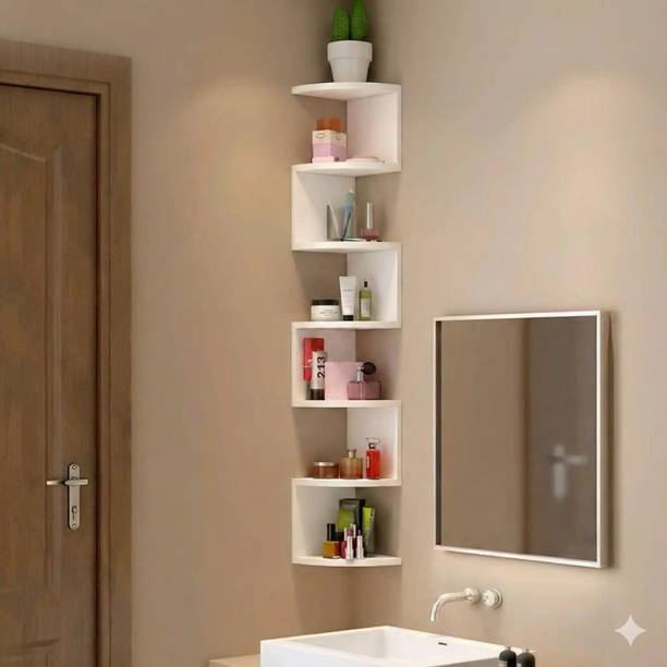 S.H Craft & Traders 6 Tier Zigzag Floating Storage Rack for Bathroom, Living Room & Bedroom. Wooden Wall Shelf