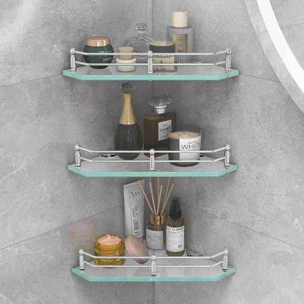 Plantex Premium Diamond Transparent Glass Corner Shelf for Bathroom/Bathroom Accessories(9x9 Inches) Glass Wall Shelf