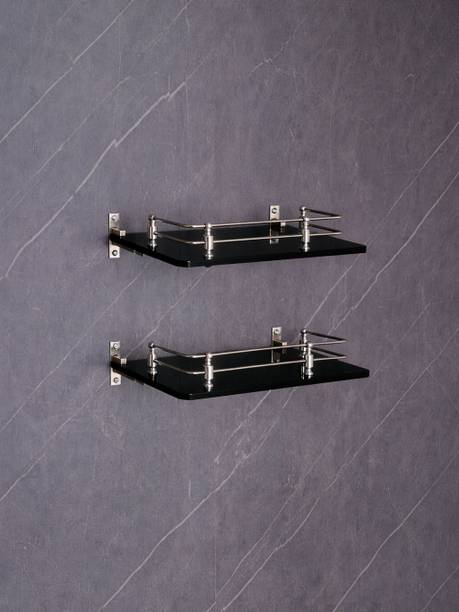 Auraview Square-6*12 inch Shelf 2 Black Glass, Stainless Steel Wall Shelf