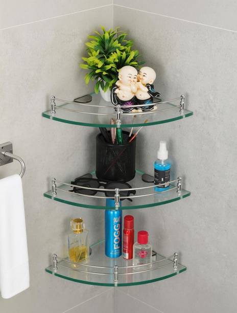 MOTIQO Glass Corner Shelf For Bathroom, Kitchen, Bathroom Accessories, Wall Shelf Round Glass, Stainless Steel Wall Shelf