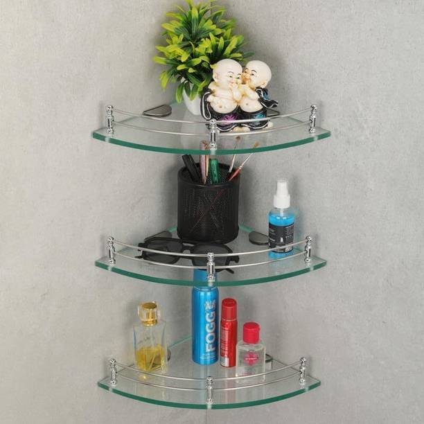 MOTIQO Glass Corner Shelf For Bathroom, Kitchen, Bathroom Accessories, Wall Shelf Round Glass, Stainless Steel Wall Shelf