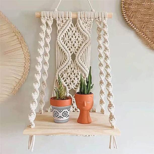 JAKIO Macrame Wall Hanging Plant Decor Shelf Indoor Outdoor Floating Wood shelve Wooden Wall Shelf