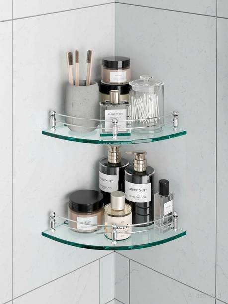 MOTIQO Glass Corner Shelf For Bathroom, Kitchen, Bathroom Accessories, Shelf Round Glass Wall Shelf