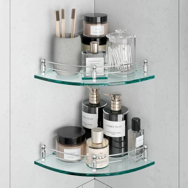 MOTIQO Glass Corner Shelf For Bathroom, Kitchen, Bathroom Accessories, Shelf Round Glass Wall Shelf