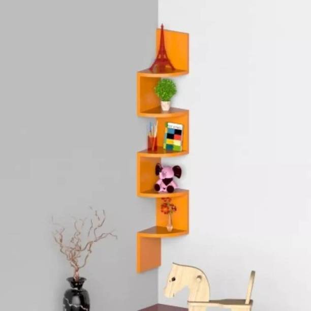 Eco Handicrafts Wooden Zigzag wall shelf wooden wall corner shelves |( Number of shelves 5 Orange ) Wooden Wall Shelf