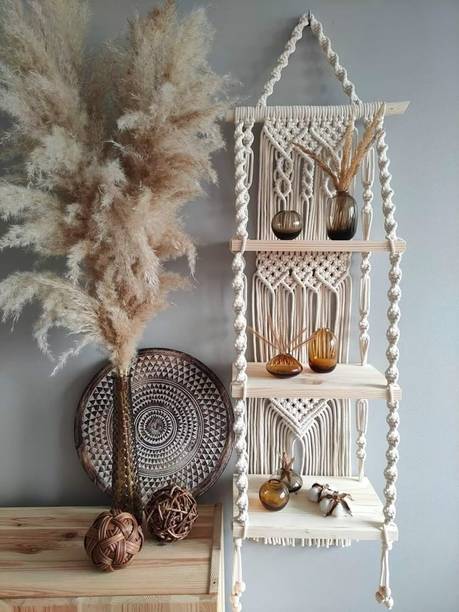 RaisingCraft Triple macrame hanging shelf Boho macrame shelves Eco-friendly nursery shelf Wooden Wall Shelf