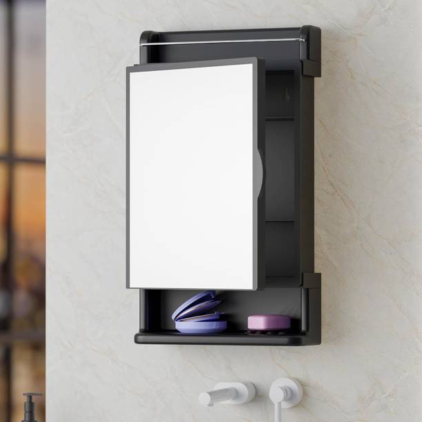 iSTAR Sleek Black Wall-Mounted Mirror Cabinet with Integrated Shelf and Towel Bar Acrylic Wall Shelf