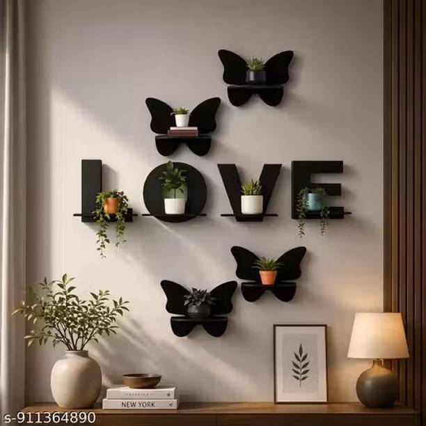 Virjani Butterfly & LOVE Wall Shelf Combo Set of 8 for Living Room MDF (Medium Density Fiber) Wall Shelf