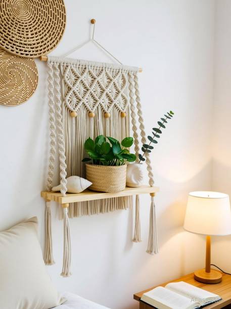 TMS Macrame wall Hanging Wooden Wall Shelf