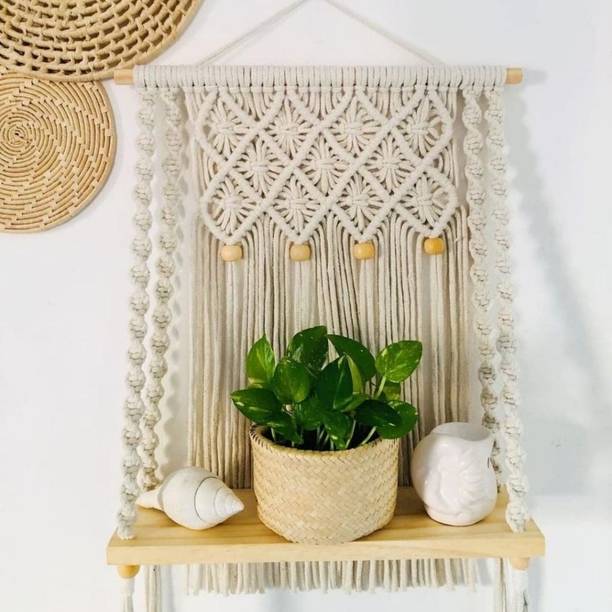 TMS Macrame wall Hanging Wooden Wall Shelf