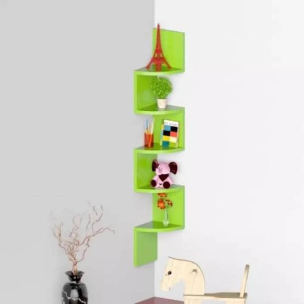 Eco Handicrafts Wooden Zigzag wall shelf wooden wall corner shelves |( Number of shelves 5 Green ) Wooden Wall Shelf