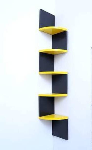 OnlineCraft wooden zigzag corner 5 shelf ( black,yellow) Wooden Wall Shelf