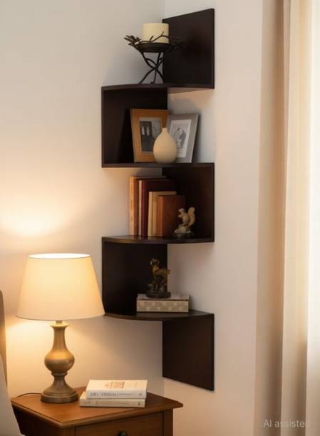 Look Handicraft Wooden Wall Mount Corner Wall Stand Wooden Wall Shelf (Number of Shelves -4 , Brown) Wooden Wall Shelf