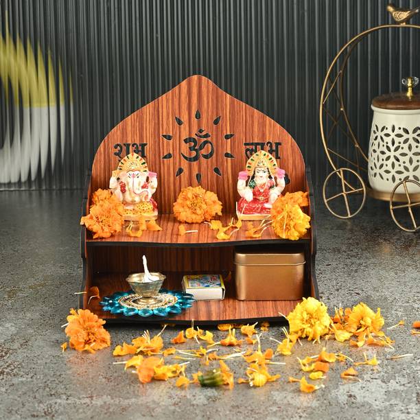 Gojeeva Premium Subh Labh Om Carved Pattern Devghar, Wooden Mandir Temple(DIY) Wooden Wall Shelf