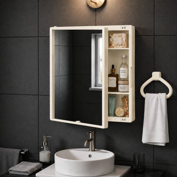 CIPLA PLAST New Rich Look Bathroom mirror Cabinet | 4 Shelves Storage | With Towel Ring | Polypropylene Wall Shelf
