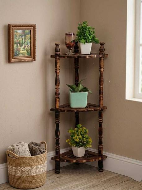 Global True Mango Wood Mini Corner 3 Shelf Rack/Mini Corner Table Wooden Wall Shelf