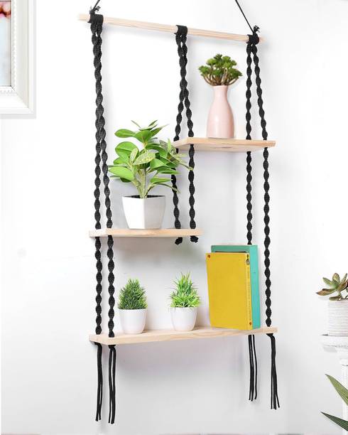 Homesake Macrame Hanging Shelf, Pine Wood Wall Shelves with Woven Hanger, 3 Tier Black Wooden Wall Shelf