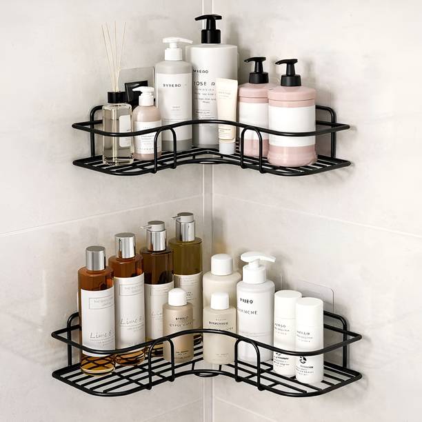 ONESTOREZ 2 Tier Black Corner Shelf for Bathroom & Kitchen | Wall Mounted Rack Iron Wall Shelf