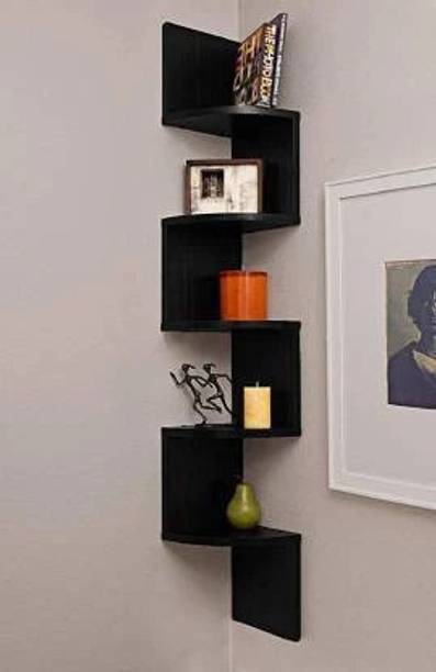 Yannik Retail Zigzag Corner Wall Mount Shelf Unit/Racks and Shelves/Wall Shelf/Book Shelf/Wall Decoration Wooden Wall Shelf (Number of Shelves - 5 Black) MDF (Medium Density Fiber) Wall Shelf