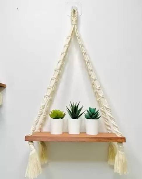 RAKANO Macramé Wooden Wall Hanging Shelf Modern Chic Woven Macrame Tapestries वुडेन वॉल शेल्फ