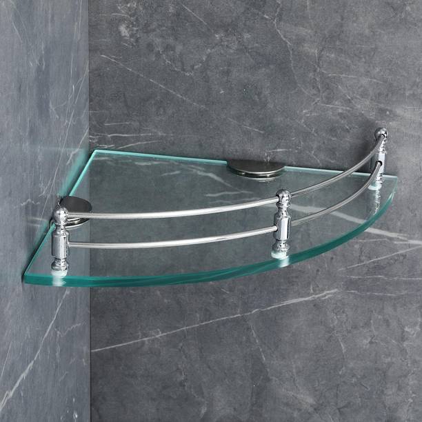 FORTUNE Multi-Purpose Glass Corner Shelf - 12x12 inch Wall Mount Shelf (Pack of 1) Glass, Stainless Steel Wall Shelf