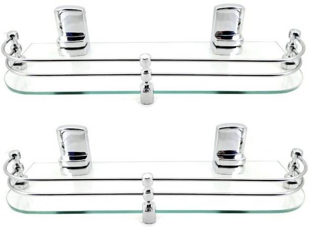 Sparkraze Set of 2 Heavy Sumo Brackets Clear 18 inch Plain Glossy Look Glass Shelf Glass, Stainless Steel, Polypropylene Wall Shelf